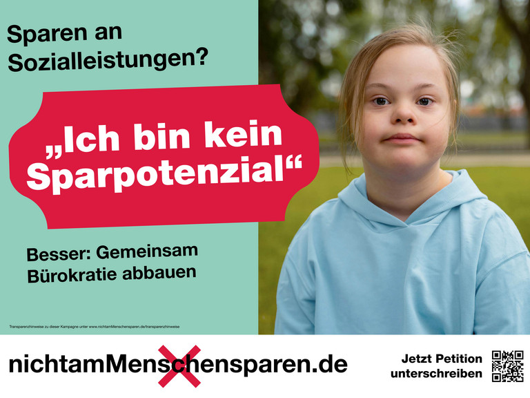 Plakat der Kampagne #nichtamMenschensparen mit einem Kind und der Botschaft „Ich bin kein Sparpotenzial“. Die Immanuel Albertinen Diakonie unterstützt die bundesweite Initiative für Teilhabe, Inklusion und eine verlässliche Behindertenhilfe.