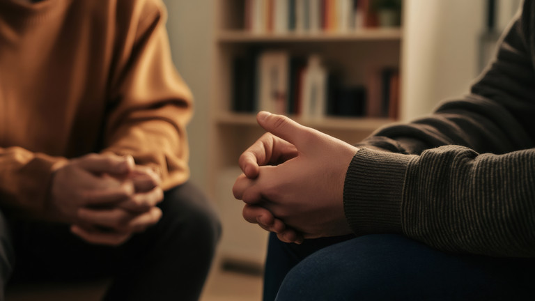 Zwie Personen sitzen mit gefalteten Händen voreinander Zwie Personen sitzen mit gefalteten Händen voreinander